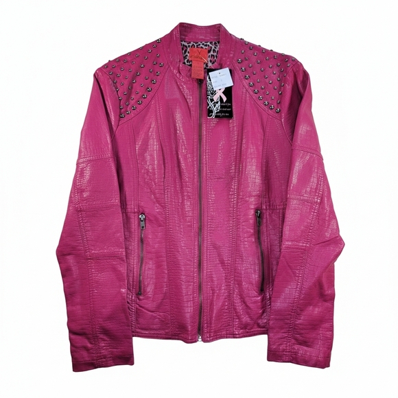 V Christina Jackets & Blazers - NWT V Cristina Pink Fuchsia Studded Faux Croc Leather Moto Jacket S Y2K Punk